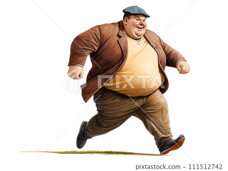 Fat man running, big man exercising, white background, AI generate. Fat man running, big man exercising, white background, AI generate. 111512742
