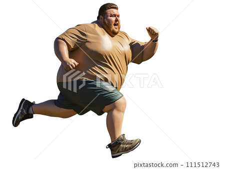 Fat man running, big man exercising, white background, AI generate. 111512743