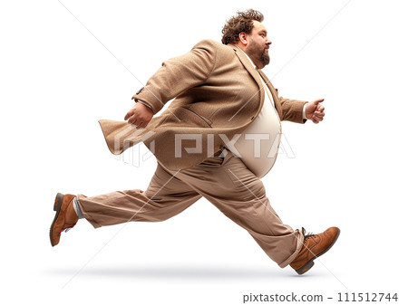 Fat man running, big man exercising, white background, AI generate. 111512744