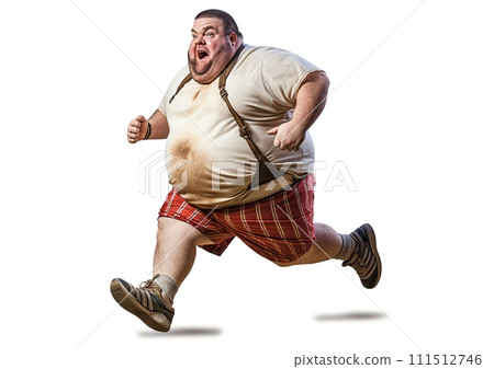 Fat man running, big man exercising, white background, AI generate. 111512746