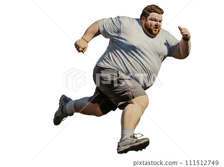 Fat man running, big man exercising, white background, AI generate. 111512749