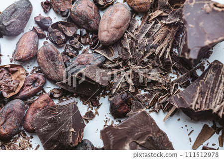 Cocoa beans with chocolate on a white background. Shalllow dof. Cocoa beans with chocolate on a white background. Shalllow dof. 111512978