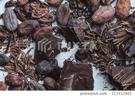Cocoa beans with chocolate on a white background. Shalllow dof. 111512981