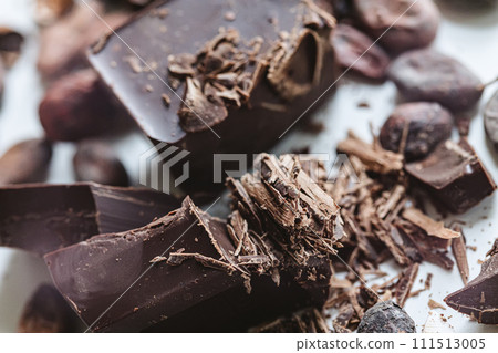 Cocoa beans with chocolate on a white background. Shalllow dof. 111513005