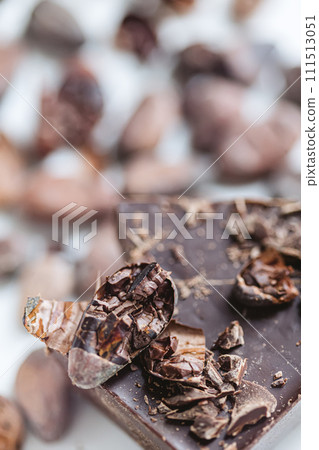 Cocoa beans with chocolate on a white background. Shalllow dof. 111513051