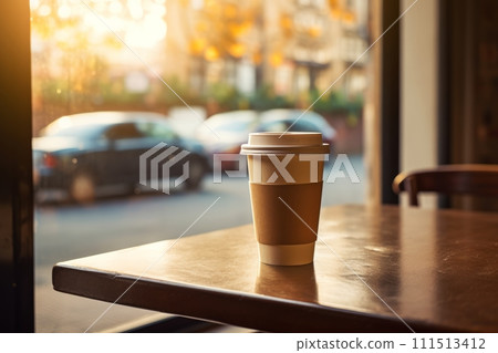 Paper takeaway coffee cup with a lid in a cafe on the wooden table in sunlight Paper takeaway coffee cup with a lid in a cafe on the wooden table in sunlight 111513412