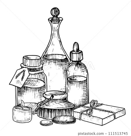 Spa cosmetic with vintage Bottles, soap and brush for aromatherapy. Hand drawn vector illustration of bodycare products for massage in black and white colors. Linear drawing of skin care toiletries. Spa cosmetic with vintage Bottles, soap and brush for aromatherapy. Hand drawn vector illustration of bodycare products for massage in black and white colors. Linear drawing of skin care toiletries. 111513745