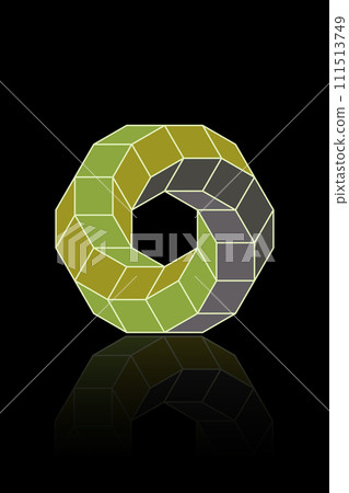 3D spiral rhomboid Shape in green color, logo design in geometric frame style. Business abstract icon. Corporate, media, technology, ecology, vector isolated on black background 111513749