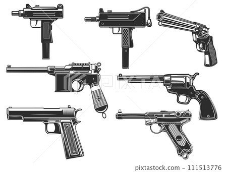 Set of illustrations of handgun. Uzi, revolver, mauser, luger. Design element for logo, label, sign, emblem. Vector illustration Set of illustrations of handgun. Uzi, revolver, mauser, luger. Design element for logo, label, sign, emblem. Vector illustration 111513776