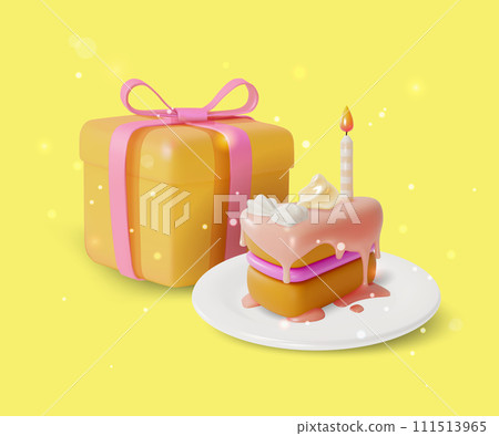 3d Piece Birthday Cake with Candle and Gift Box Cartoon Style Present for Anniversary. Vector illustration 3d Piece Birthday Cake with Candle and Gift Box Cartoon Style Present for Anniversary. Vector illustration 111513965