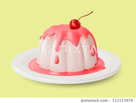 3d Panna Cotta with Cherry and Syrup Sweet Dessert Food Cartoon Style Isolated on a White Background. Vector illustration 3d Panna Cotta with Cherry and Syrup Sweet Dessert Food Cartoon Style Isolated on a White Background. Vector illustration 111513979