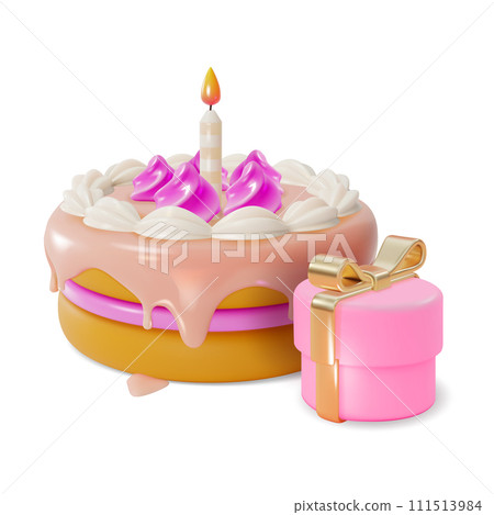 3d Birthday Cake with Candle and Gift Box Cartoon Style Isolated on a White Background. Vector illustration 111513984