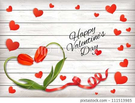 Red heart shape ribbon and paper hearts on a wooden sign. Valentine's Day background. Vector illustration Red heart shape ribbon and paper hearts on a wooden sign. Valentine's Day background. Vector illustration 111513985