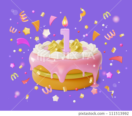 3d Birthday Cake with Candle and Confetti Popper Serpentine Cartoon Style . Vector illustration of Celebration Pie 3d Birthday Cake with Candle and Confetti Popper Serpentine Cartoon Style . Vector illustration of Celebration Pie 111513992