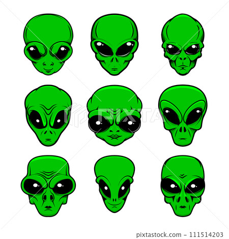 Illustration of alien head in monochrome style. Design element for logo, label, sign, emblem, poster. Vector illustration 111514203