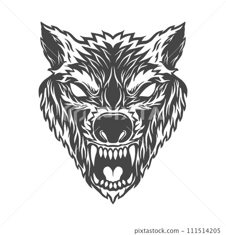 Illustration of angry wolf head in monochrome style. Design element for logo, label, sign, emblem, poster. Vector illustration Illustration of angry wolf head in monochrome style. Design element for logo, label, sign, emblem, poster. Vector illustration 111514205