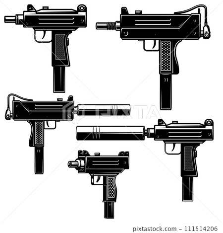 Set of uzi submachine gun illustrations. Design element for logo, label, sign, emblem. Vector illustration 111514206