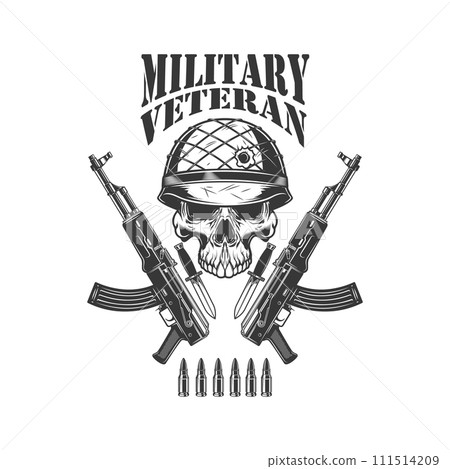 Military veteran. Crossed assault rifles ak-47 with soldier skull in army helmet. Design element for logo, label, sign, emblem. Vector illustration Military veteran. Crossed assault rifles ak-47 with soldier skull in army helmet. Design element for logo, label, sign, emblem. Vector illustration 111514209