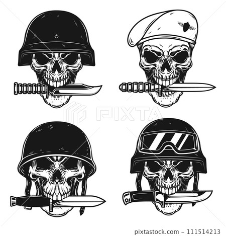 Set of Illustrations of skull in military helmet with knife in teeth in monochrome style. Design element for logo, label, sign, poster. Vector illustration Set of Illustrations of skull in military helmet with knife in teeth in monochrome style. Design element for logo, label, sign, poster. Vector illustration 111514213