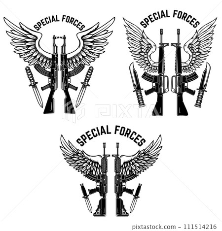 Special forces. Set of assault rifles with wings. Design element for logo, label, sign, emblem. Vector illustration Special forces. Set of assault rifles with wings. Design element for logo, label, sign, emblem. Vector illustration 111514216