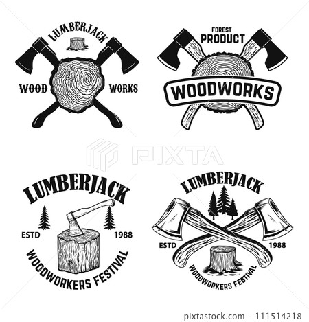 Set of crossed lumberjack axes on wooden stump background. Lumberjack wood works. Design element for logo, label, sign, poster. Vector illustration 111514218