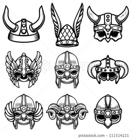 Set of Illustrations of viking helmets. Design element for logo, label, sign, emblem, poster. Vector illustration 111514221