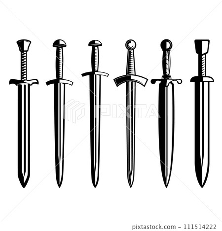 Set of illustrations of medieval swords. Design element for poster, card, banner,emblem, sign. Vector illustration 111514222