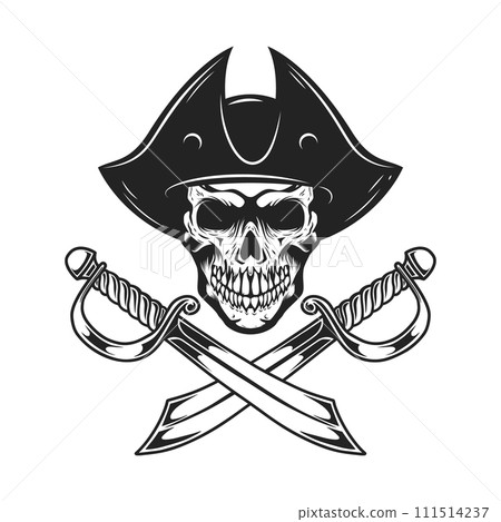 Pirate skull with crossed sabers. Design element for logo, label, sign, emblem. Vector illustration 111514237