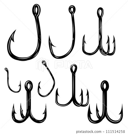 Set of illustrations of fishing hooks. Design element for poster, card, banner,emblem, sign. Vector illustration 111514258