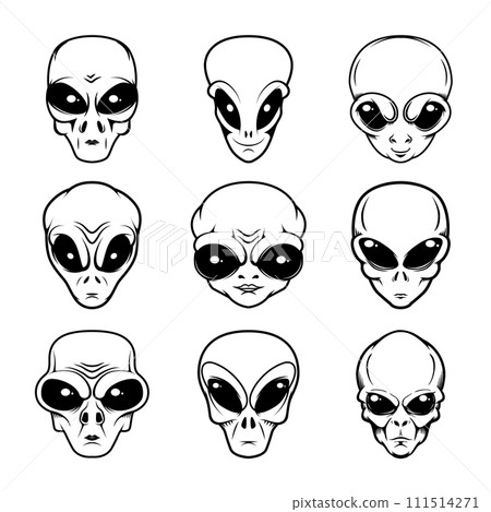 Illustration of alien head in monochrome style. Design element for logo, label, sign, emblem, poster. Vector illustration Illustration of alien head in monochrome style. Design element for logo, label, sign, emblem, poster. Vector illustration 111514271