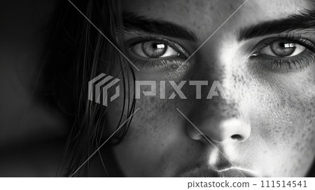直視前方的女性肖像。調整 AI 產生的圖像 111514541