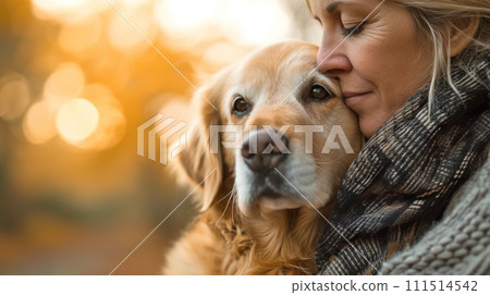 女人與黃金獵犬秋光調整 AI 產生的影像 111514542