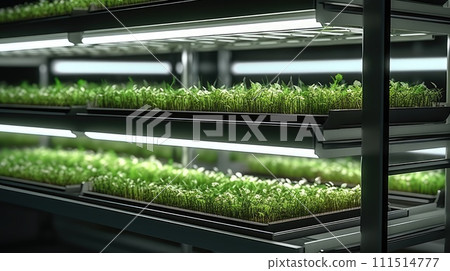 Shelves vertical farm growing fresh green plants indoors. Fresh microgreens automatic cultivation. AI-generated content. 111514777