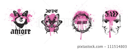 Y2k gothic sticker set, vector dark love tattoo print, emo vintage texture grunge design element. Y2k gothic sticker set, vector dark love tattoo print, emo vintage texture grunge design element. 111514803