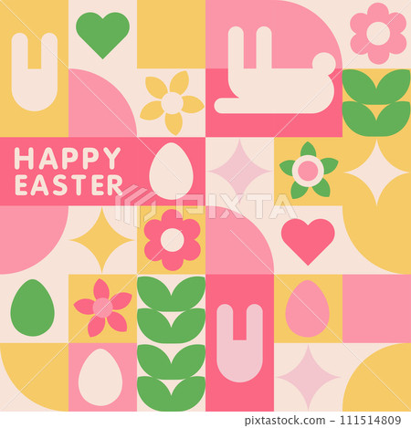 Easter geometric square pastel banner with bunny, eggs, plants, flowers, hearts for invitation, card, wall art, background. Simple flat vector illustration. Easter geometric square pastel banner with bunny, eggs, plants, flowers, hearts for invitation, card, wall art, background. Simple flat vector illustration. 111514809