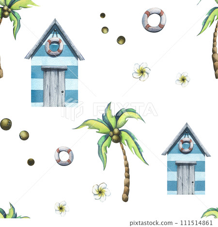 A tropical island with a beach house, a lifebuoy, coconut palms, leaves, coconuts. Watercolor illustration. Seamless pattern on a white background. For fabric, textiles, wallpaper, packaging, covers. A tropical island with a beach house, a lifebuoy, coconut palms, leaves, coconuts. Watercolor illustration. Seamless pattern on a white background. For fabric, textiles, wallpaper, packaging, covers. 111514861