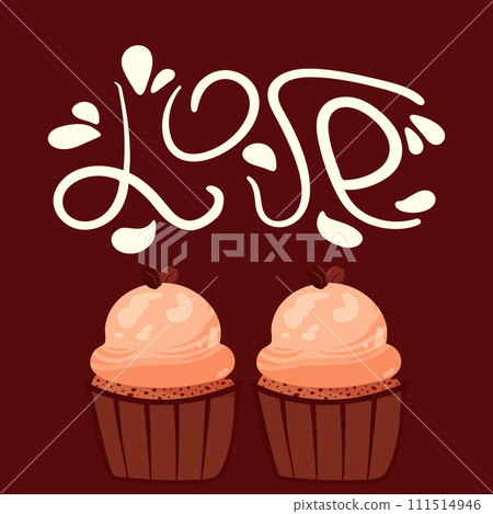 Postcard for coffee shop with two coffee cupcakes and the inscription love Postcard for coffee shop with two coffee cupcakes and the inscription love 111514946