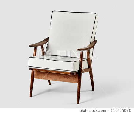 Vintage chair with white leather upholstery and wooden armrests Vintage chair with white leather upholstery and wooden armrests 111515058