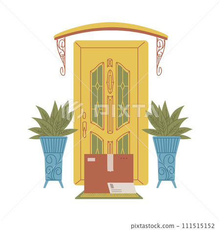 Parcel standing in front of bright yellow door flat style Parcel standing in front of bright yellow door flat style 111515152