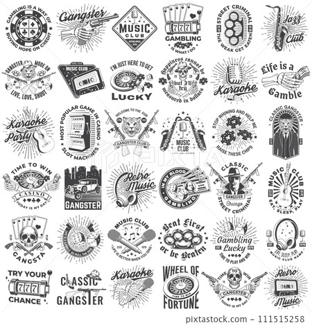 Set of music, gambling and gangster club badge design. Vector. Vintage label, sticker, patch with saxophone, audio cassette, classical acoustic guitar, casino chips, slot machines, gangster 111515258
