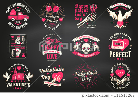 Set of vintage happy valentines day badge. Vector illustration. Template for Valentines Day greeting card, banner, poster, flyer with cupid holding bow, arrow, skeleton hand, rose and heart 111515262