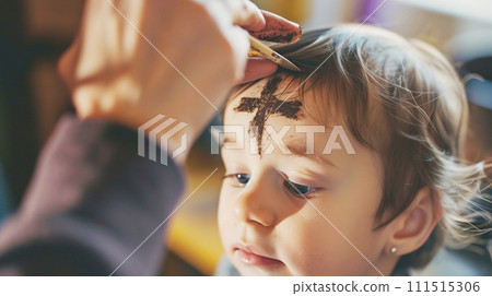 AI-generated content. A little girl receives ashes in the form of a cross from a priest to celebrate Ash Wednesday. The beginning of Catholic Lent before Easter 111515306