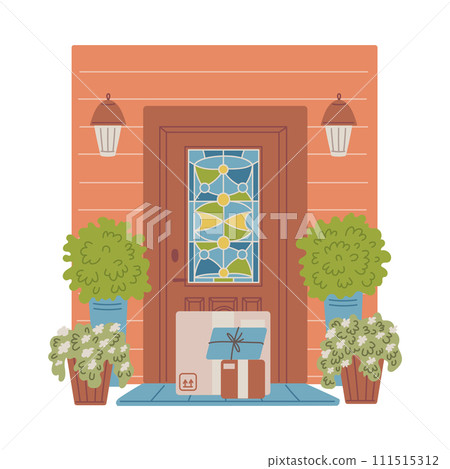 Front door of a house with parcels and mail on threshold, flat vector isolated. 111515312