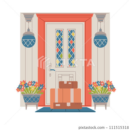 Entrance door with stained glass, flowerpots and lantern, cardboard boxes near the door, vector delivery to house porch 111515318