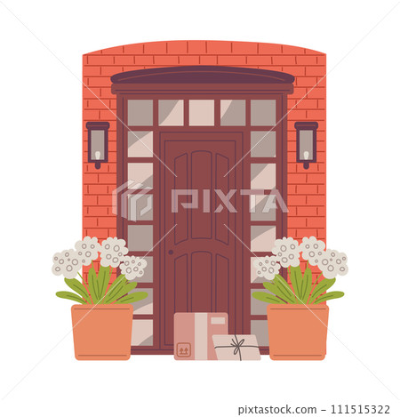 Home entrance wooden door in brick wall, vector cartoon house porch exterior with white flower pots and lanterns 111515322