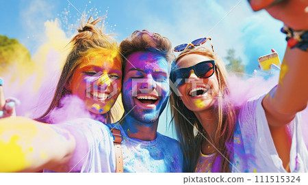AI-generated content. A group of young girls and boys, among clouds of blue and yellow Holi powder. Traditional Holi holiday, festival of colors 111515324