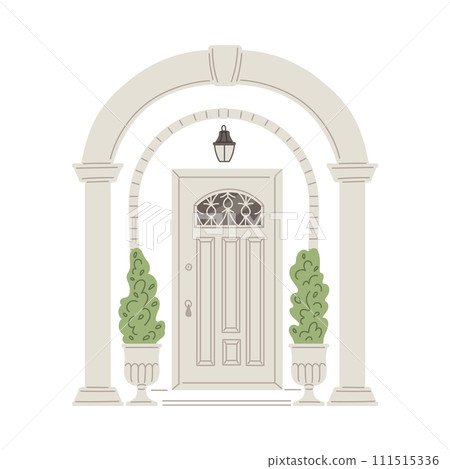 Home entrance white door with arch and column, cartoon house porch exterior with plants in pots vector isolated Home entrance white door with arch and column, cartoon house porch exterior with plants in pots vector isolated 111515336