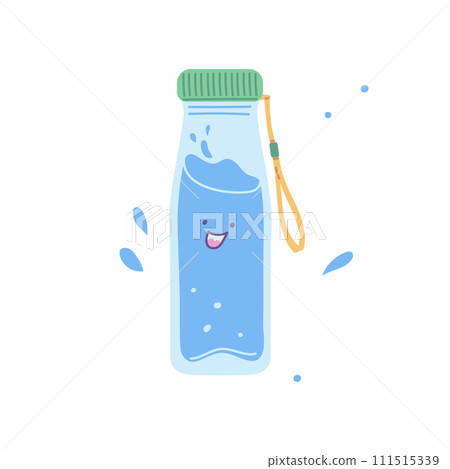 Plastic or glass bottle with green cover, lace full of clean water with smiling face, vector cartoon drink happy emoji 111515339