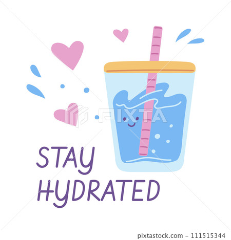 Plastic or glass cup with straw full of clean water with smiling face, Stay hydrated vector poster, drink happy emoji 111515344