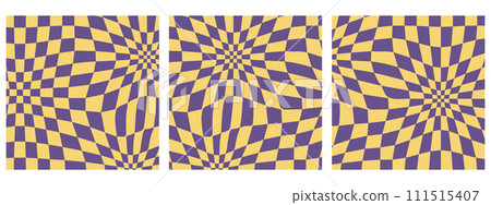 Set of Square 70s Vibes Groovy Checkerboard Patterns. Abstract Grid Backgrounds in a Psychedelic Retro Style in Yellow and Violet Colors 111515407